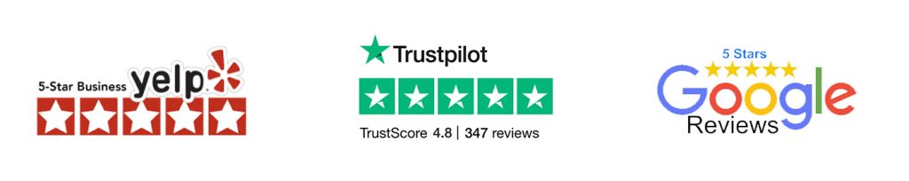 5-star reviews on Yelp, Google, and TrustPilot